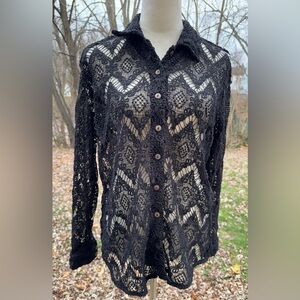 Free People Button Up Crochet Lace Pattern Black Blouse Shirt New S /P
